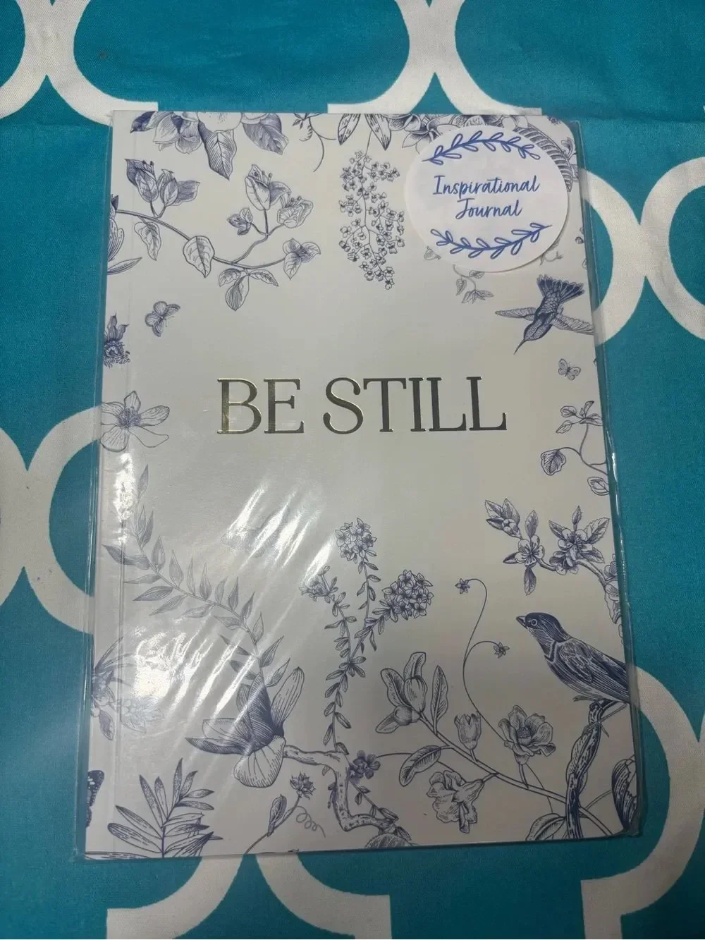 New BE STILL Inspirational Journal - White with Navy Botanical Print